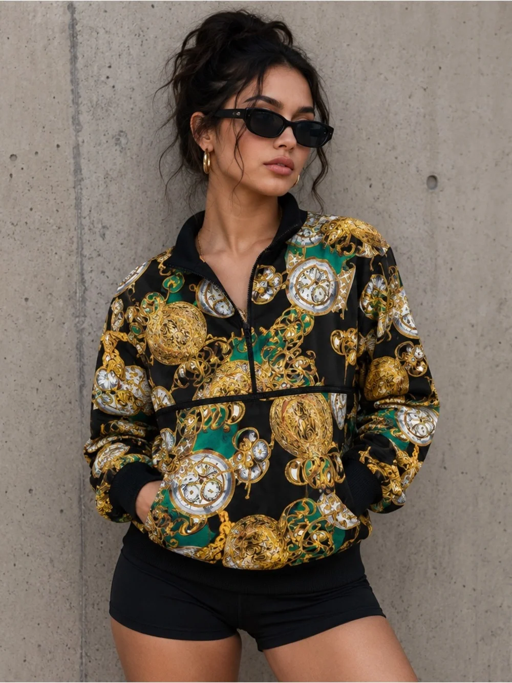 Vintage Black & Gold Baroque-Print Zip Jacket with Emerald Accents